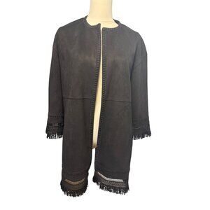 ZARA XS Faux Suede Fringed Trim Boho Jacket in Black Women’s Festival